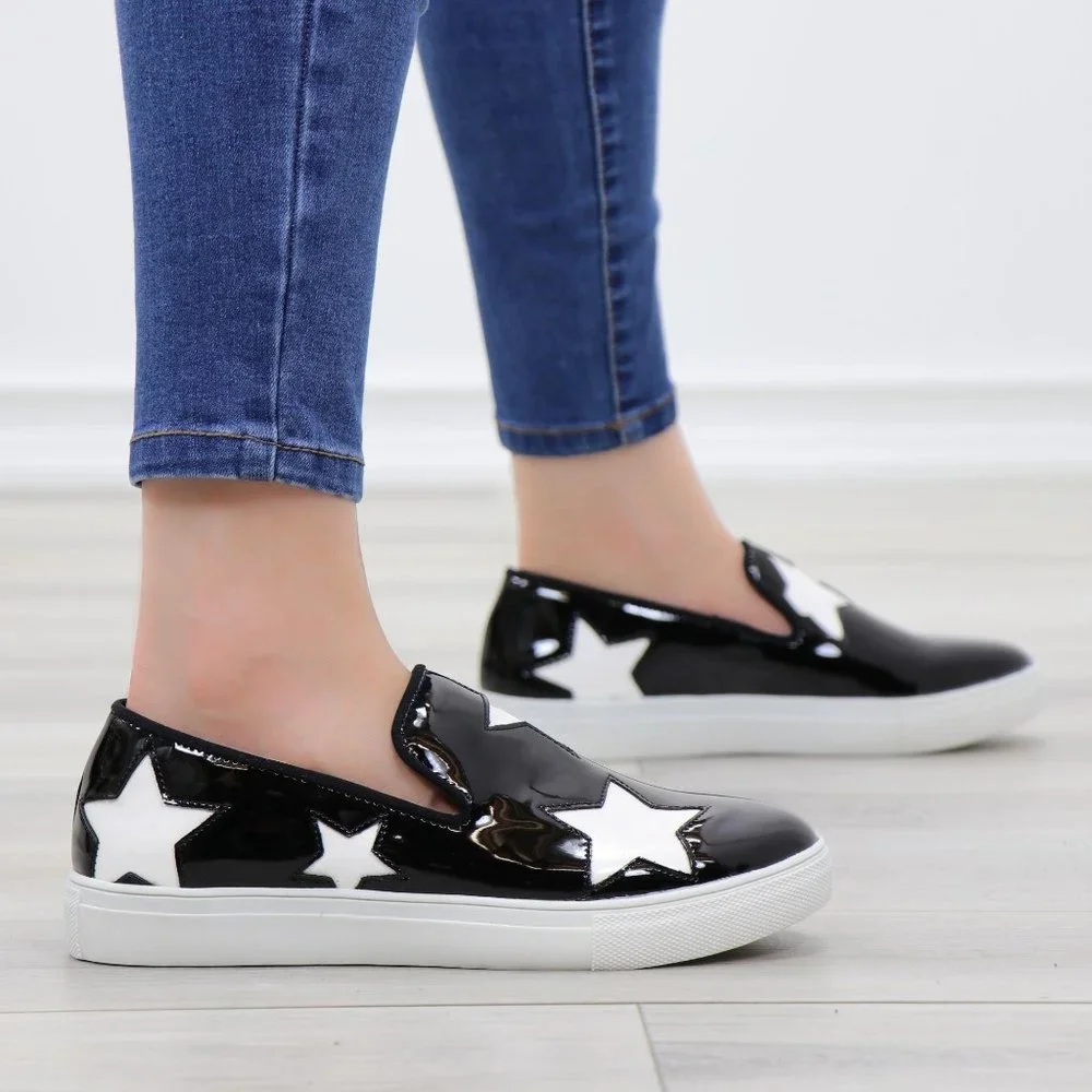 Black With White Stars Patent Sneakers Shoes - Picture 5 of 11